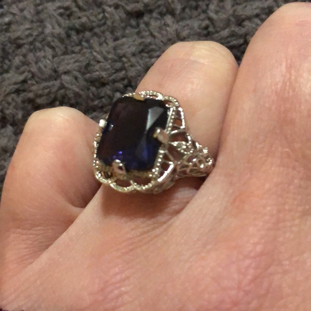 Estate Lacey Sterling Silver Large Sapphire Rectangular 5.25
